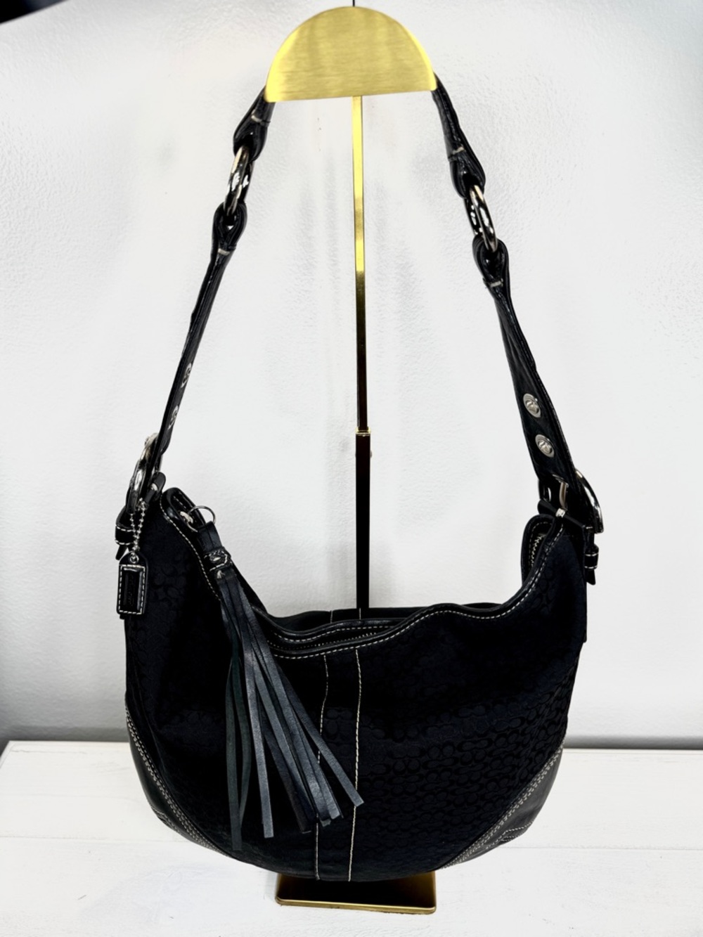 Coach Signature Jacquard Soho Hobo Bag Black Canvas with Black Leather Trim Y2K